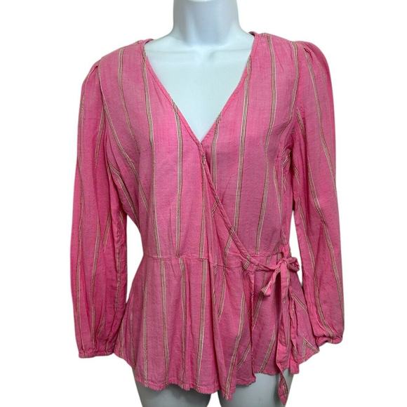 Old Navy Wrap Top Size Small Pink Striped Long-Sleeve Blouse Cotton Blend - Picture 7 of 7